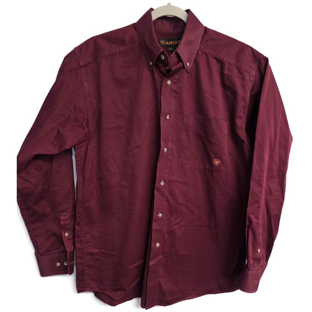 Ariat Mens Burgundy Cotton Twill Long Sleeve Button Down Shirt Medium
